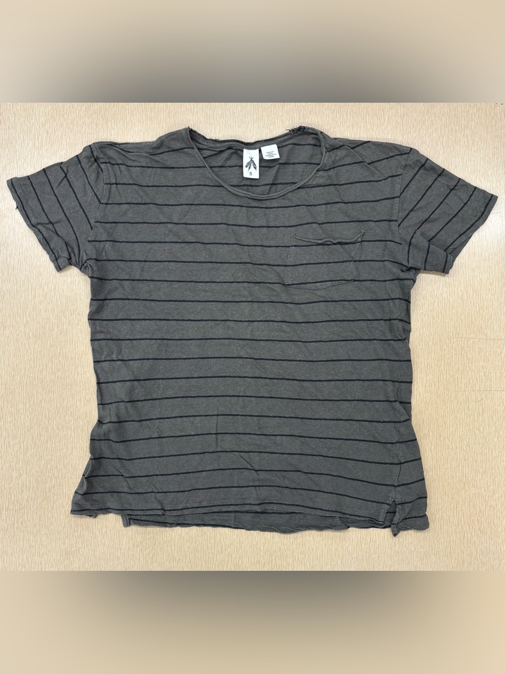 Three Feathers UO striped linen blend raw neck pocket tee